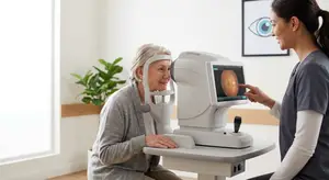 An older woman has her eyes examined by a doctor using an eye-scanning machine.