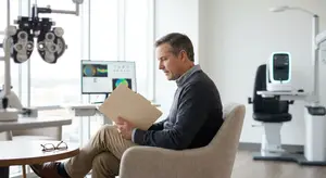 Man sitting in a chair reading documents in an optometrist office