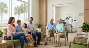 A group of people are sitting in chairs in an office with a large window in the background.