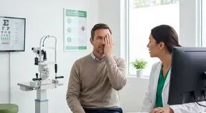 A man having a consultation with an optometrist in a medical office.