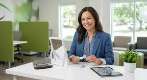 woman sitting at a desk with an eye exam kit and tablet