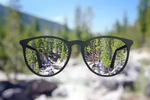 A pair of black glasses reflect a mountain landscape with trees and rocks, blurred in the background