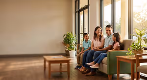 Image of a family sitting in a room with large windows