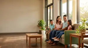 Image of a family sitting in a room with large windows