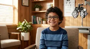 A young boy wearing glasses is smiling and sitting in an eye doctor's office.