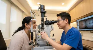 An eye doctor examining a patient's eye using a phoropter