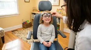 A young girl is sitting on an eye exam chair, wearing a phoropter while a female doctor adjusts it for her. Behind them, a bookshelf and toys are visible, and a basket with toys is on the floor. The room has wooden floors and a window with blinds.