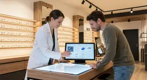 A woman in a white lab coat is showing a man how to use a digital screen in a store.