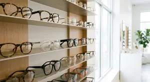 Multiple pairs of glasses on display in a shop with a window in the background