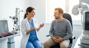 An optometrist discusses treatment options with a patient in their office