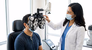 A doctor wearing a face mask adjusting an eye exam machine on a man wearing a mask in an eye exam room