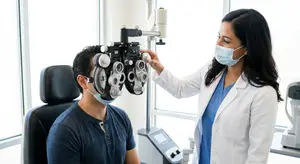 A doctor wearing a face mask adjusting an eye exam machine on a man wearing a mask in an eye exam room