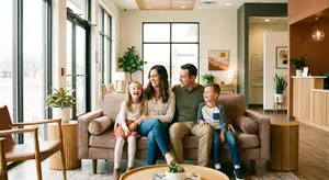 A family of four sitting on a couch inside a home