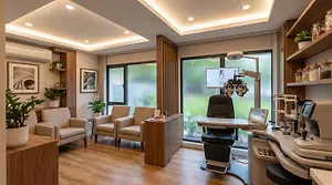 An empty exam room with medical equipment