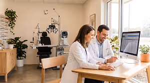 A doctor and a patient are looking at a computer monitor in an eye doctor's office