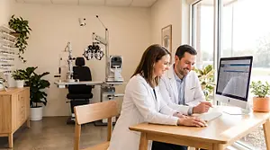 A doctor and a patient are looking at a computer monitor in an eye doctor's office