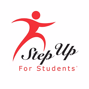 Step Up For Students logo featuring a red figure in motion with the words 'Step Up For Students' written in black cursive below