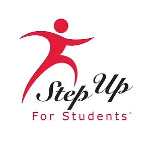 Step Up For Students logo featuring a red figure in motion with the words 'Step Up For Students' written in black cursive below