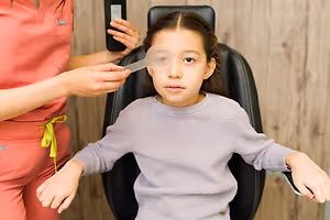 A young girl is sitting on a black chair while wearing a white shirt and a pair of eyeglasses. She has a white lens in front of her eyes. Beside her is a woman who is probably a doctor or a nurse in a pink uniform and a yellow ribbon on her waist. She is holding a black object, which is probably a phone, and is probably taking a picture of the young girl.