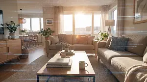 An open-plan living room with two sofas, a coffee table, and a floor lamp with a beige rug. Sunlight streams in through a large window. A table and chairs are visible in the background with a TV on the wall and a plant in a vase. A small photo frame is hung on the wall next to the window.