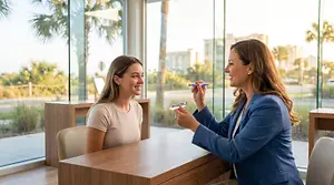 A woman in a blue blazer is sitting at a desk with another woman in a white shirt who is holding a pen and smiling. They are both looking at something in front of them. Behind them is a glass wall with a view of a building and palm trees.