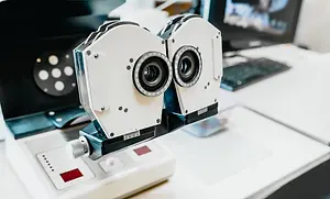 A stereo microscope is displayed on a desk, with a computer monitor and keyboard in the background