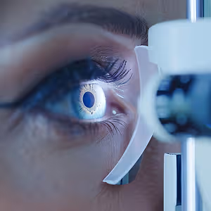 Close-up of a woman's eye being examined with an eye test machine