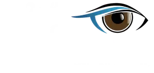 Illustration of a brown eye with a blue lower lash line.