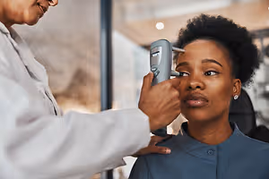 A woman is having her eyes examined by a doctor using a medical device