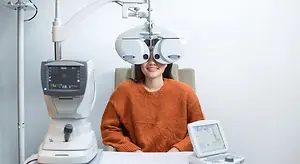 A woman in an orange sweater sitting in front of an eye examination machine and smiling