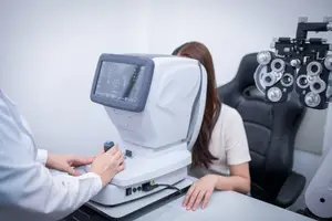 A woman is having her eye tested in a clinic with a doctor holding a machine.