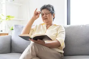An elderly woman wearing glasses is sitting on a couch and reading a book with a serious expression. She has her right hand holding her glasses and her left hand holding the book. Behind her, there is a shelf with a potted plant on it. The sunlight is shining through the window, illuminating the room.