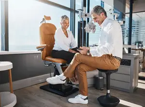 A man and woman are sitting in a medical office and smiling while looking at a tablet