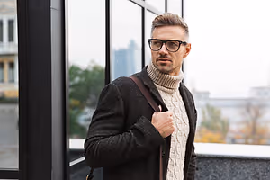A man wearing glasses, a turtleneck, and a sweater jacket stands in front of a glass wall, looking to the left and carrying a bag.