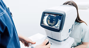 A medical professional examining a patient's eye using a device