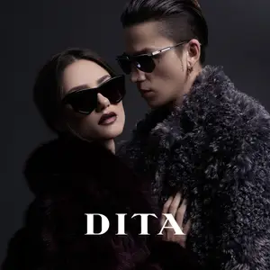 DITA eye wear advertisement featuring a man and a woman posing for a picture in black fur coats