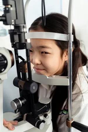 An adult woman is having an eye test with a medical device