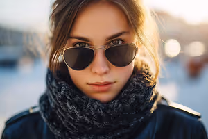 A woman with brown hair and a black jacket is standing outside, wearing sunglasses and a scarf. The woman is smiling and posing for a photo. Behind her, there is a blurry view of the surroundings. The sky is clear, and the sun is shining brightly. The surroundings are somewhat blurry, with some parts of the photo being out of focus.