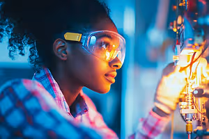 A woman in a Raleigh laboratory wearing goggles and a plaid shirt is working on a machine