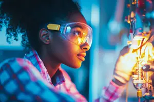 A woman in a laboratory wearing goggles and a plaid shirt is working on a machine