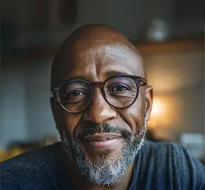 Portrait of a male Raleigh eye care patient with gray hair and glasses, wearing a gray t-shirt, smiling and looking at the camera with a blurred background behind him.