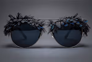 A pair of sunglasses with black lenses and blue and black feathers on the arms