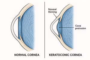 Diagram showing a normal cornea and a keratoconic cornea with labels