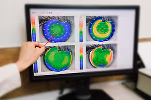 A doctor reviewing an eye scan on a computer monitor with a red marker pointing at a specific area