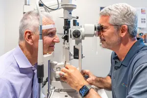 An older man with gray hair is having his eyes examined by another man with a white headband who is holding an eyepiece with his left hand in a medical office