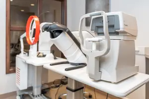 Two white machines with black handles are placed on a white table, likely in a hospital setting.