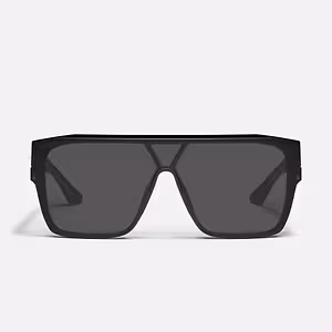 Black sunglasses with a rectangular frame and dark gray lenses displayed on a white background