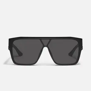 Black sunglasses with a rectangular frame and dark gray lenses displayed on a white background