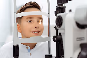 A young boy is undergoing an eye examination at an optical clinic, smiling at the camera while wearing eyeglasses and looking through an eye examination device.
