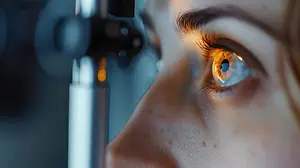 A woman with brown eyes and freckles is looking into an eye exam machine.